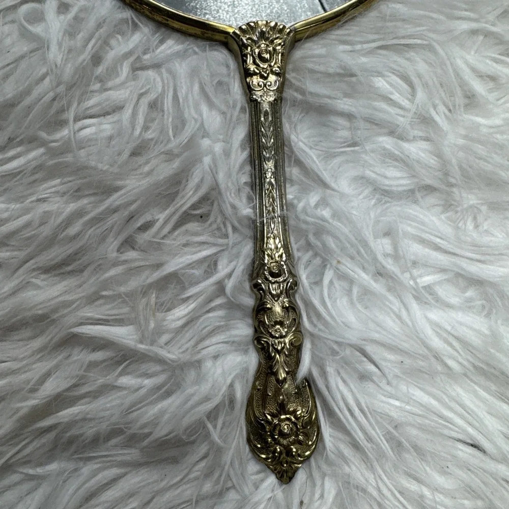 Antique Art Nouveau Handheld Vanity Mirror w/ Floral Brass‎ Design Mid Century
